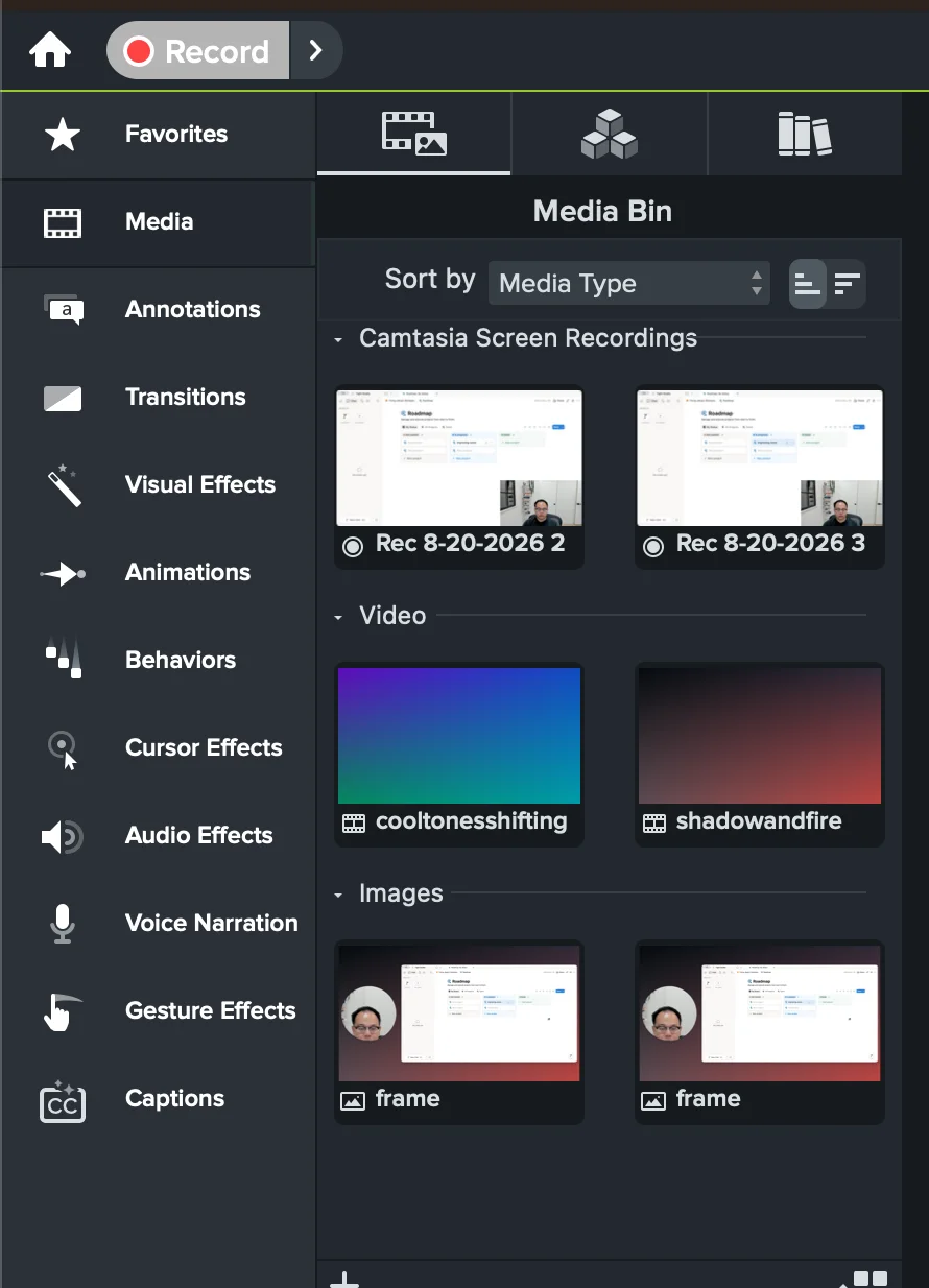 Camtasia Media Bin showing two Camtasia screen recordings, two imported video clips, and two imported images organized by media type