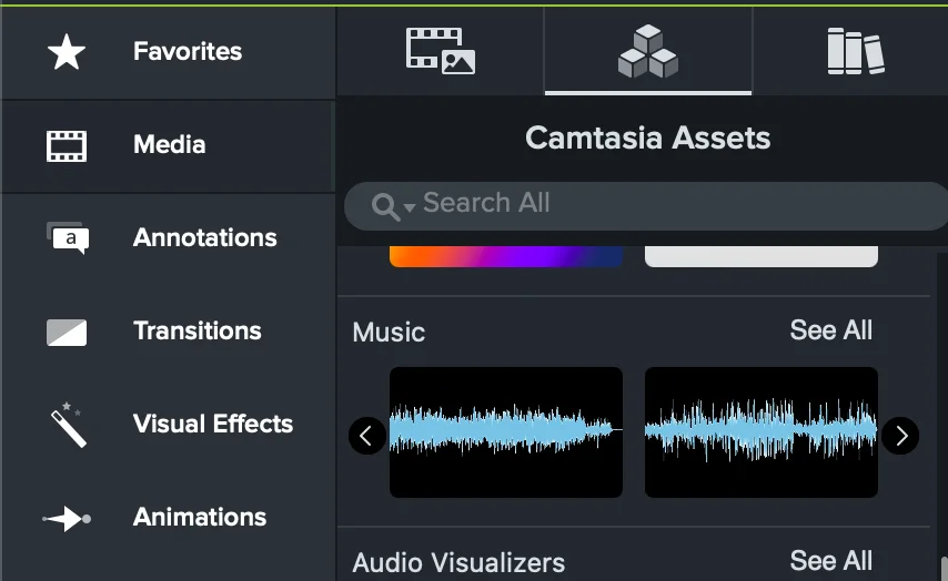 Camtasia Assets panel showing built-in music as waveform-only cards without visible track names