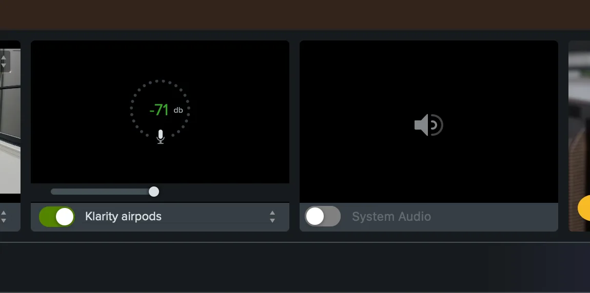 Camtasia Editor Recorder showing an enabled microphone with live input meter and level control beside disabled system audio