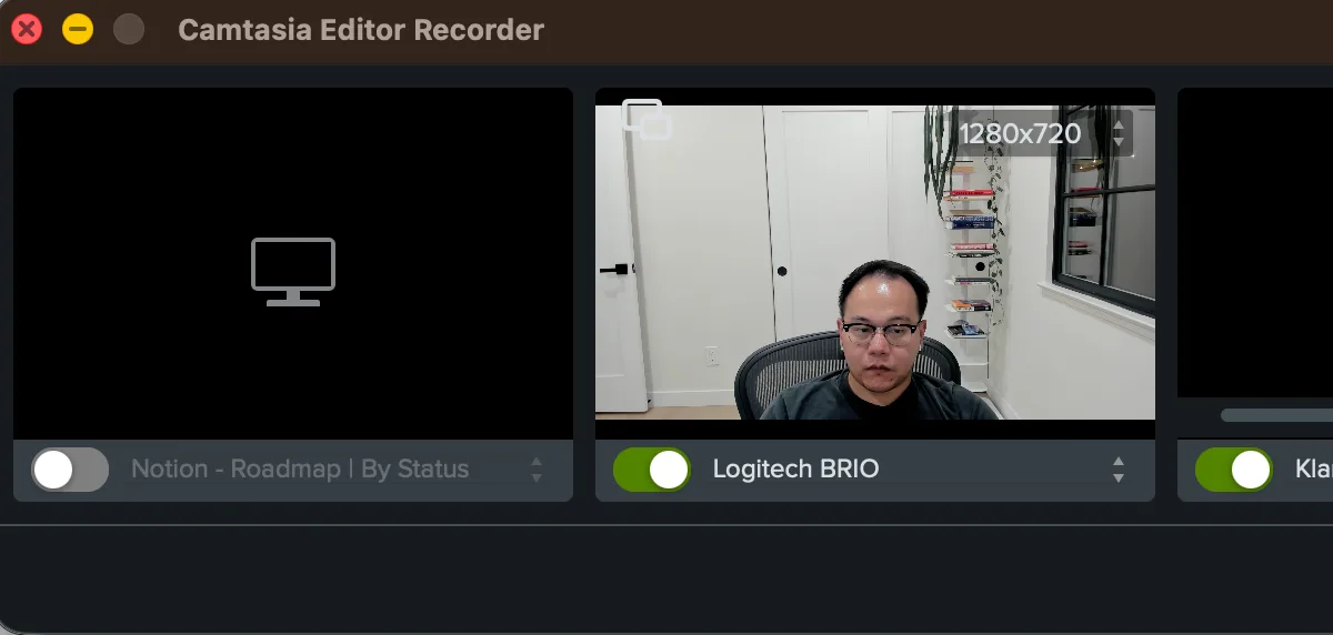 Camtasia Editor Recorder with screen capture turned off and a live Logitech BRIO camera preview turned on at 1280 by 720