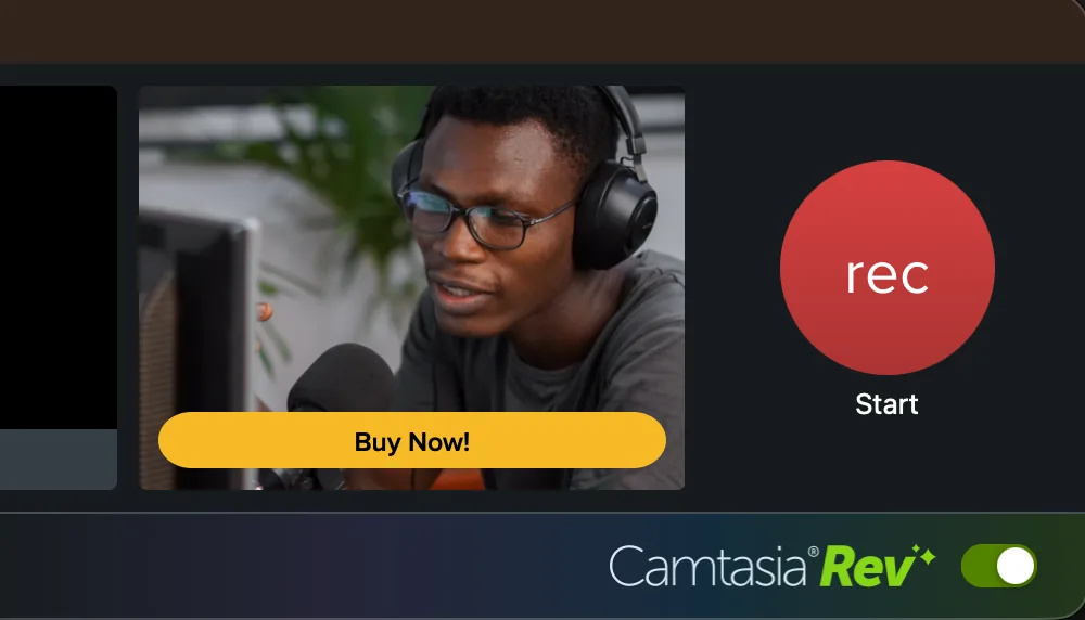 Camtasia Editor Recorder showing the recording start button and an enabled Camtasia Rev switch