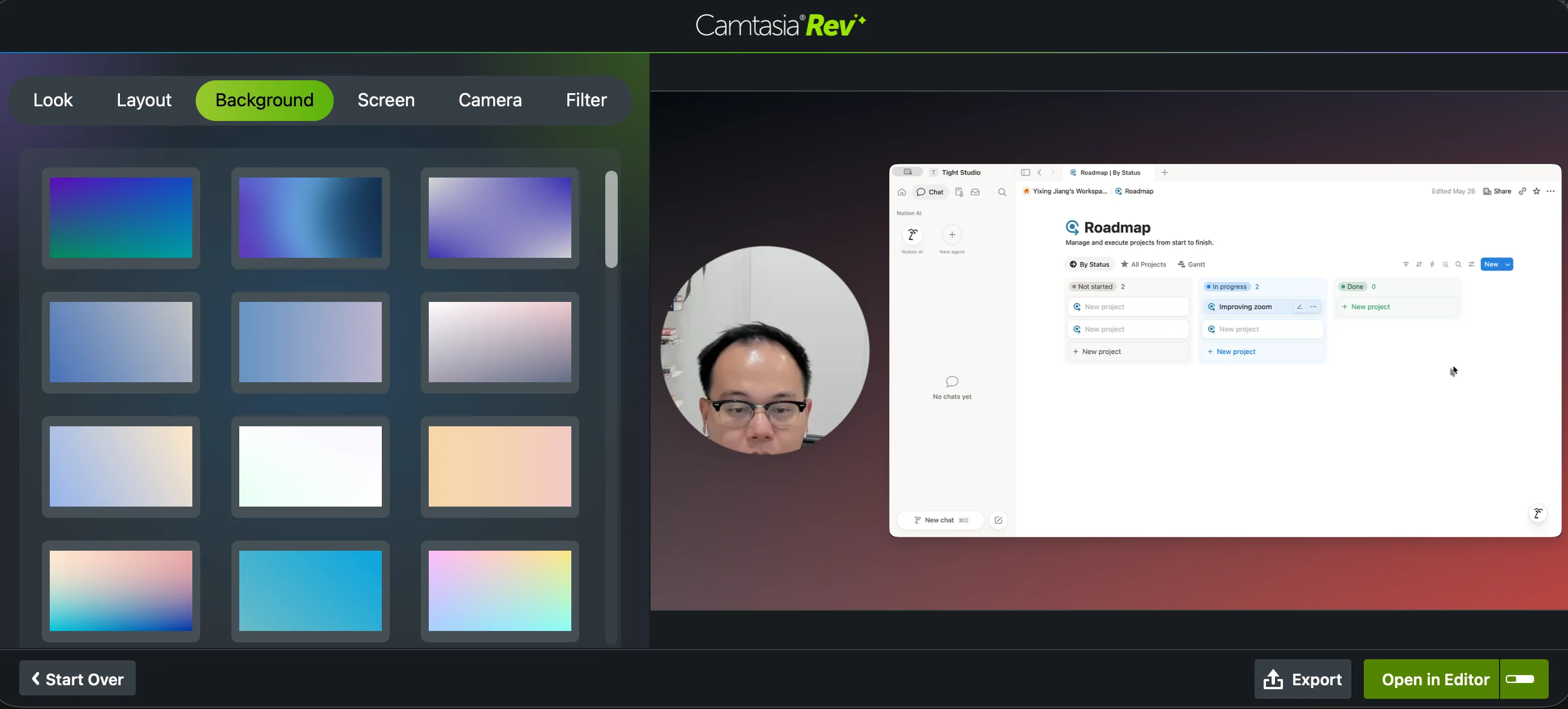Camtasia Rev Background tab showing a large grid of gradient presets beside a screen and circular camera layout preview