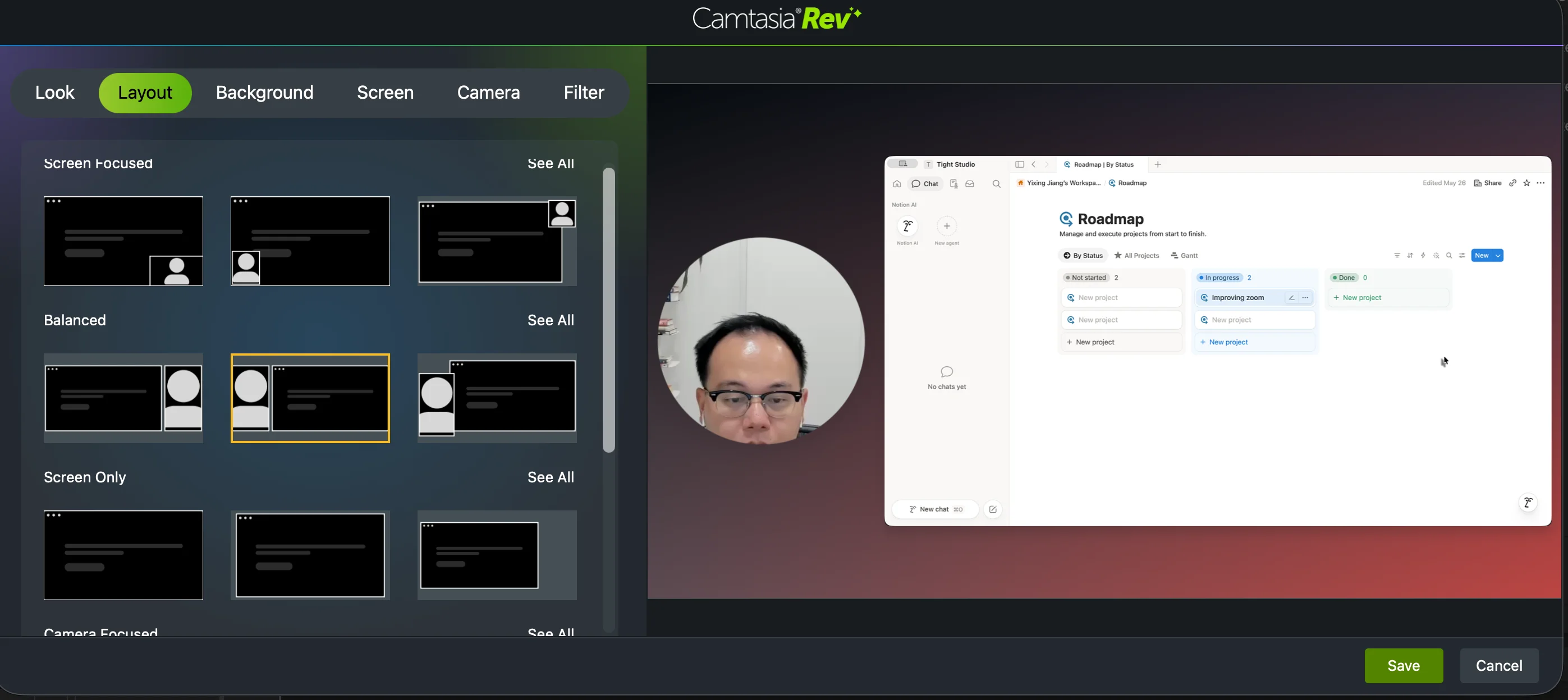 Camtasia Rev Layout tab showing Screen Focused, Balanced, Screen Only, and Camera Focused layout categories beside a live preview