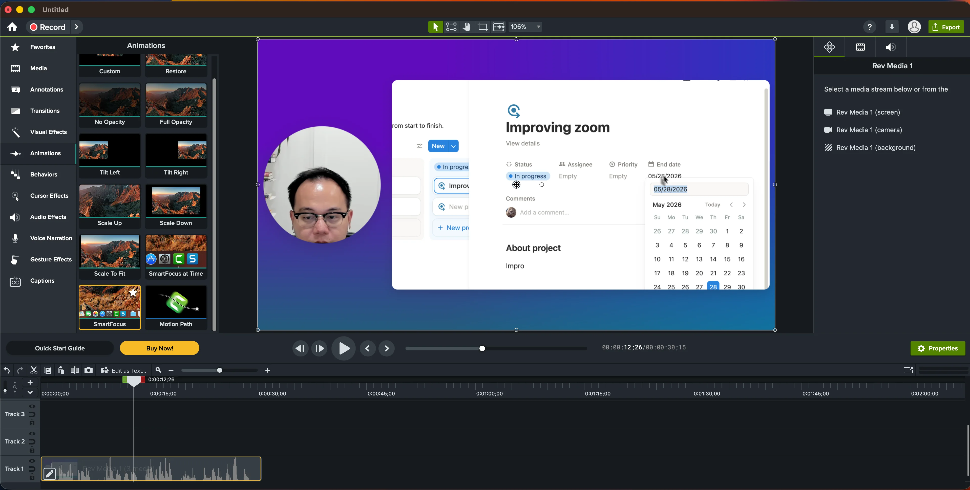 Camtasia Editor showing SmartFocus beside a zoomed screen recording and multi-track timeline