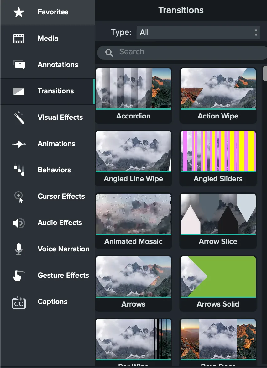 Camtasia Transitions library showing accordion, action wipe, angled line wipe, animated mosaic, arrow slice, arrows, and other transition presets