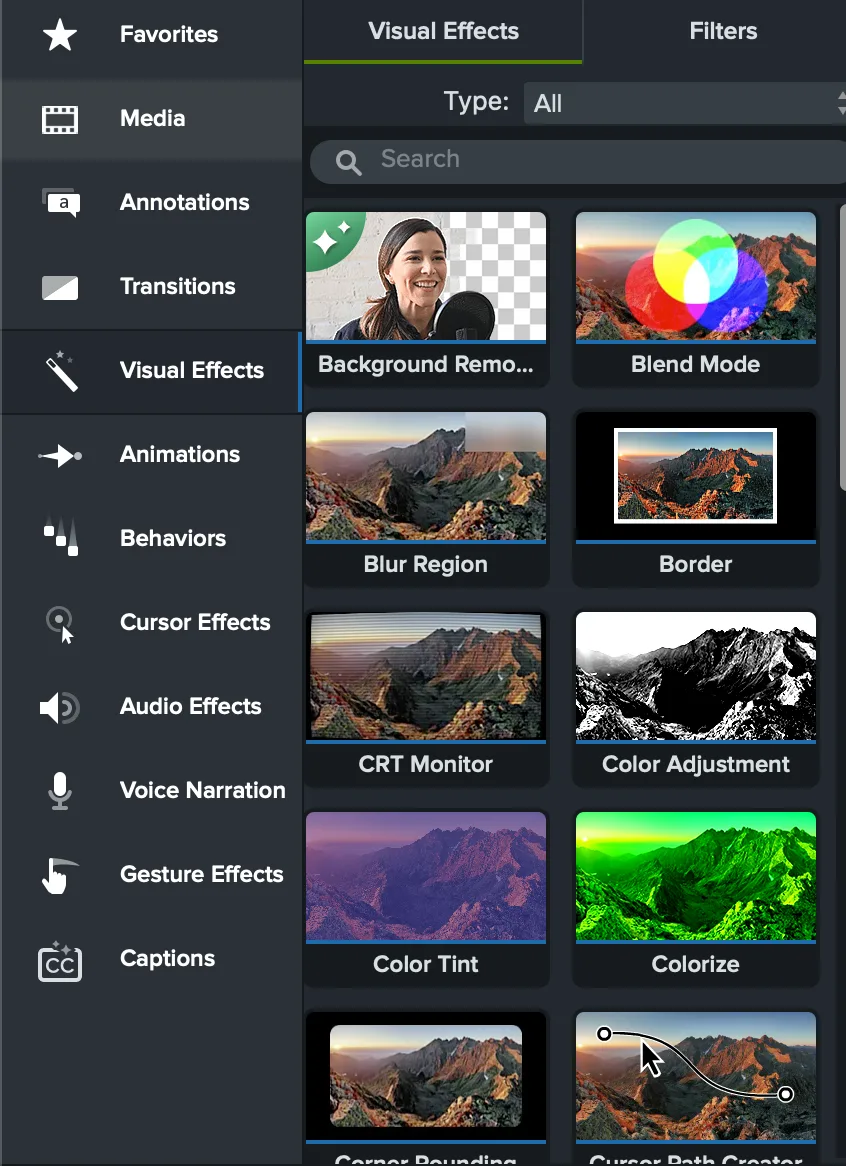 Camtasia Visual Effects library showing background removal, blend mode, blur region, border, CRT monitor, color adjustment, and colorize effects