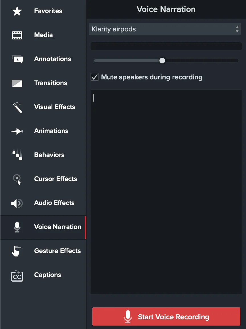 Camtasia Voice Narration panel with microphone selection, input level, mute-speakers option, script area, and Start Voice Recording button