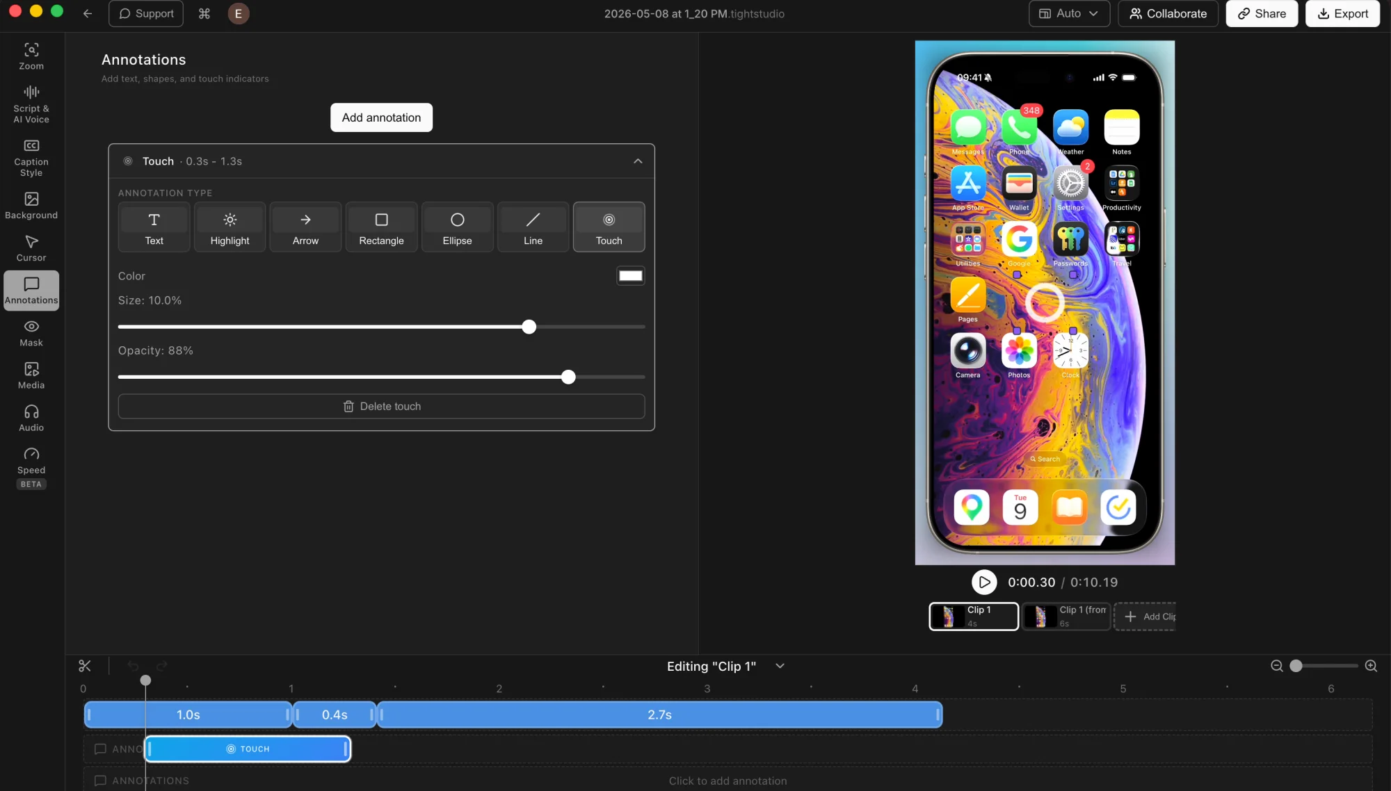 Tight Studio editing an iPhone screen recording inside a device frame with the single Touch annotation selected and color, size, opacity, and timeline-duration controls visible