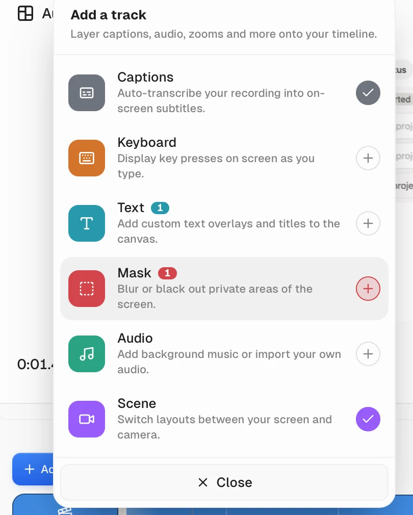 Cap Studio Add a track menu showing Captions, Keyboard, Text, Mask, Audio, and Scene tracks without shape or media overlay options
