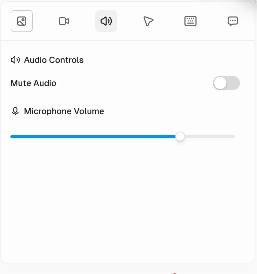 Cap Studio Audio Controls panel showing a Mute Audio toggle and Microphone Volume slider without microphone enhancement controls