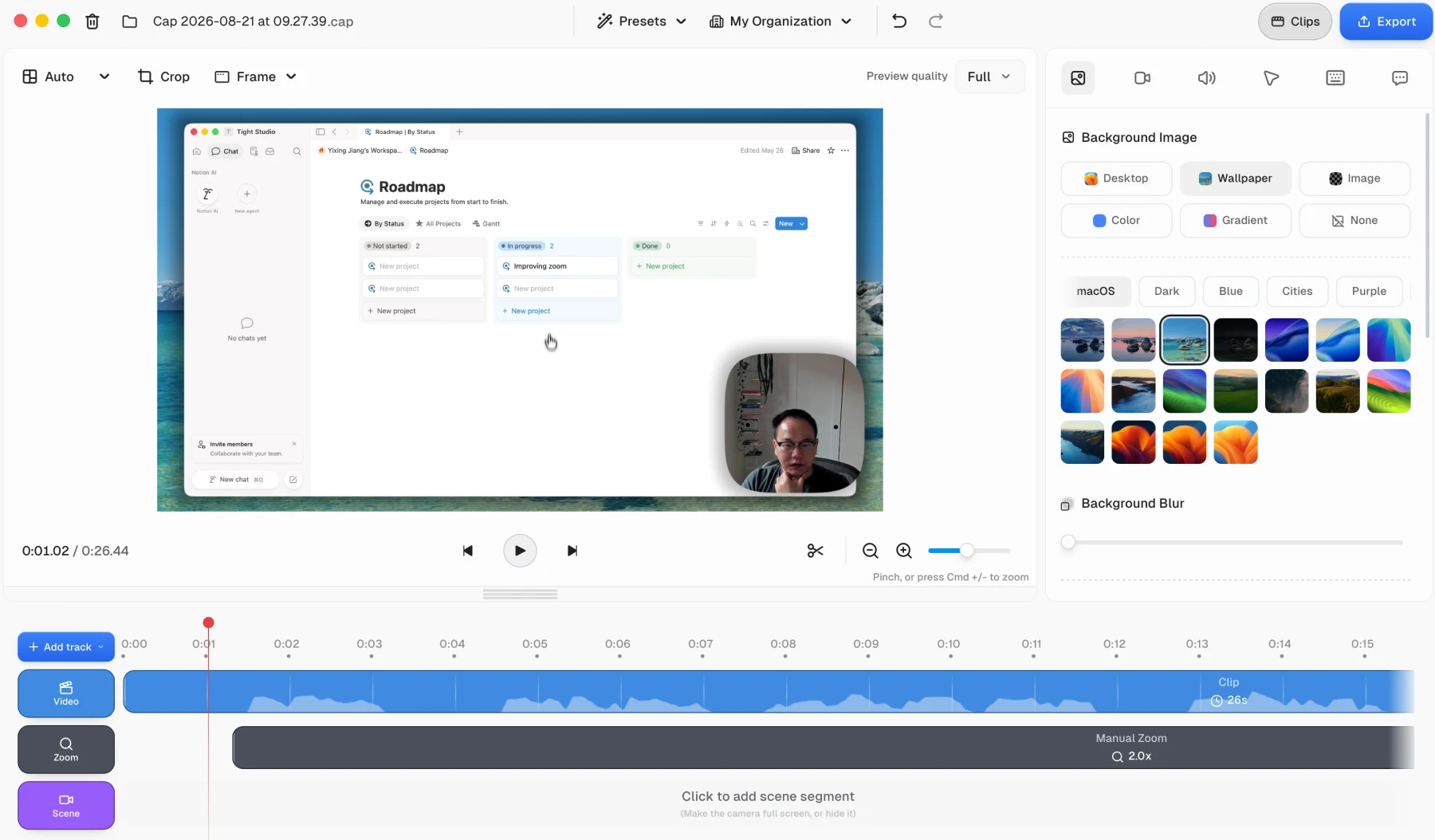 Cap Studio Background Image panel showing Desktop, Wallpaper, Image, Color, Gradient, and None modes, categorized wallpaper presets, and a Background Blur control