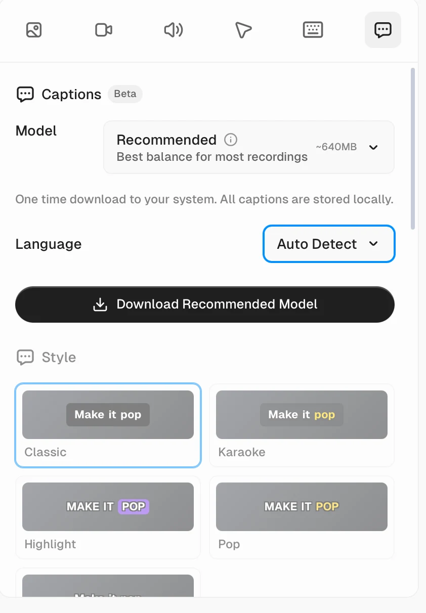 Cap Studio Captions panel showing the downloadable Recommended transcription model, Auto Detect language selection, local caption storage, and caption style presets