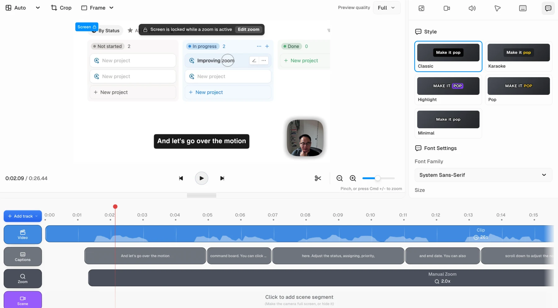 Cap Studio editor showing caption segments on the timeline and Classic, Karaoke, Highlight, Pop, and Minimal caption styles with font settings