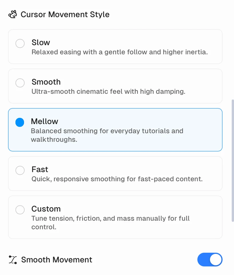 Cap Studio Cursor Movement Style panel showing Slow, Smooth, Mellow, Fast, and Custom movement options plus a Smooth Movement toggle