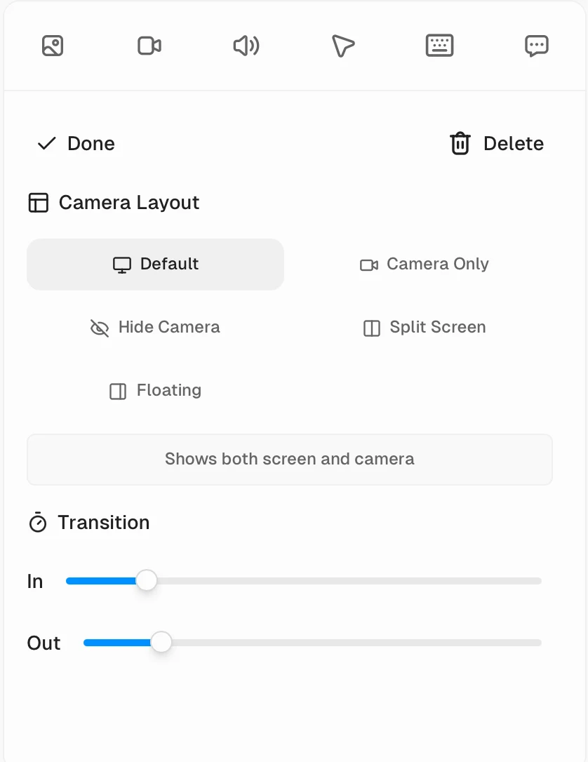 Cap Studio Camera Layout scene editor showing Default, Camera Only, Hide Camera, Split Screen, and Floating layouts with transition controls