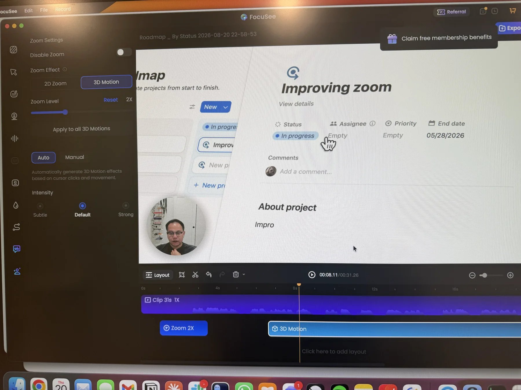 FocuSee 3D Motion editor showing automatic cursor-based movement and Subtle, Default, and Strong intensity controls