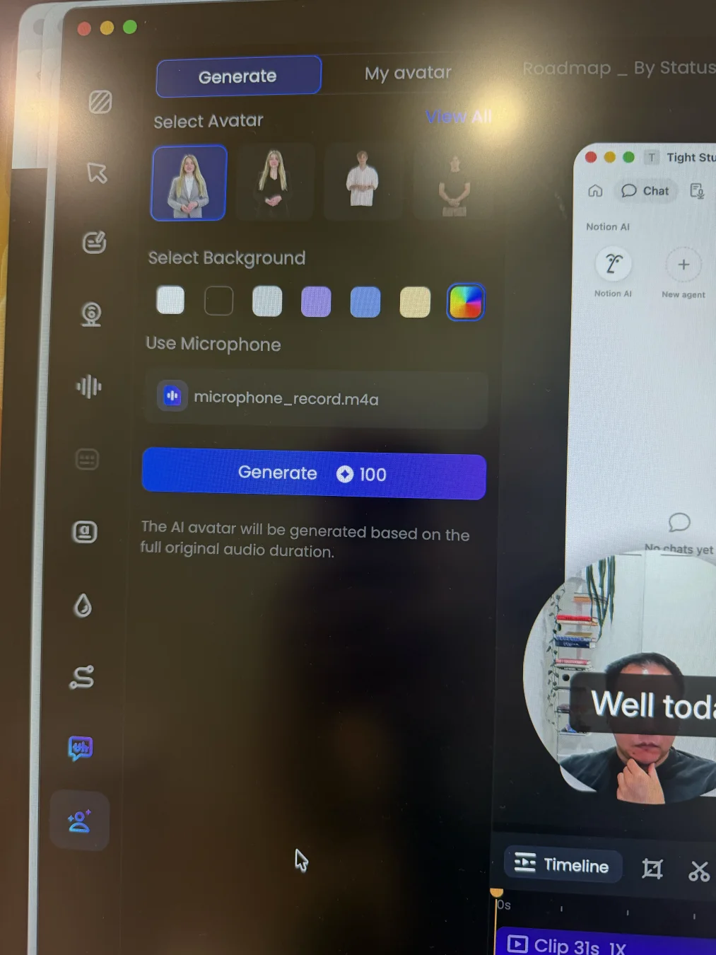 FocuSee AI Avatar generator showing avatar selection, background colors, the original microphone_record.m4a source, a 100-credit Generate button, and a note that the avatar uses the full original audio duration