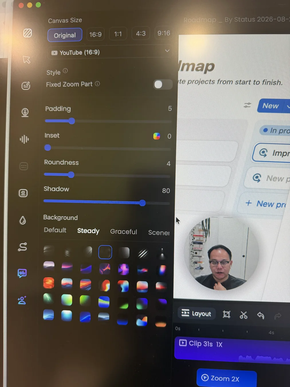 FocuSee canvas and background editor showing a large categorized background image library plus aspect ratio, padding, inset, roundness, shadow, and fixed zoom controls
