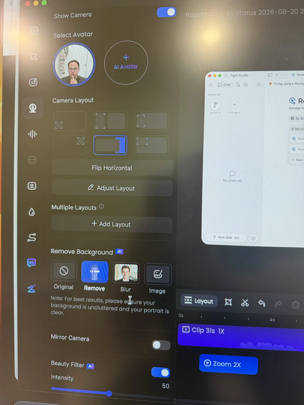 FocuSee Camera panel showing six default camera layouts, Multiple Layouts, Original, Remove, Blur, and Image camera-background options, Mirror Camera, and an adjustable AI Beauty Filter