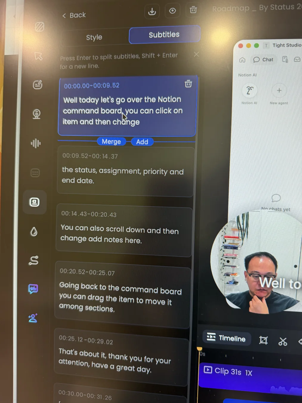 FocuSee Subtitles editor showing timestamped subtitle cards, direct text editing, split and new-line instructions, Merge and Add controls, and per-card delete actions