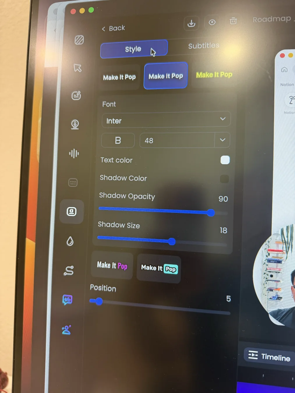 FocuSee caption Style panel showing three caption treatments plus font, bold, size, text color, shadow color, shadow opacity, shadow size, current-word emphasis, and position controls