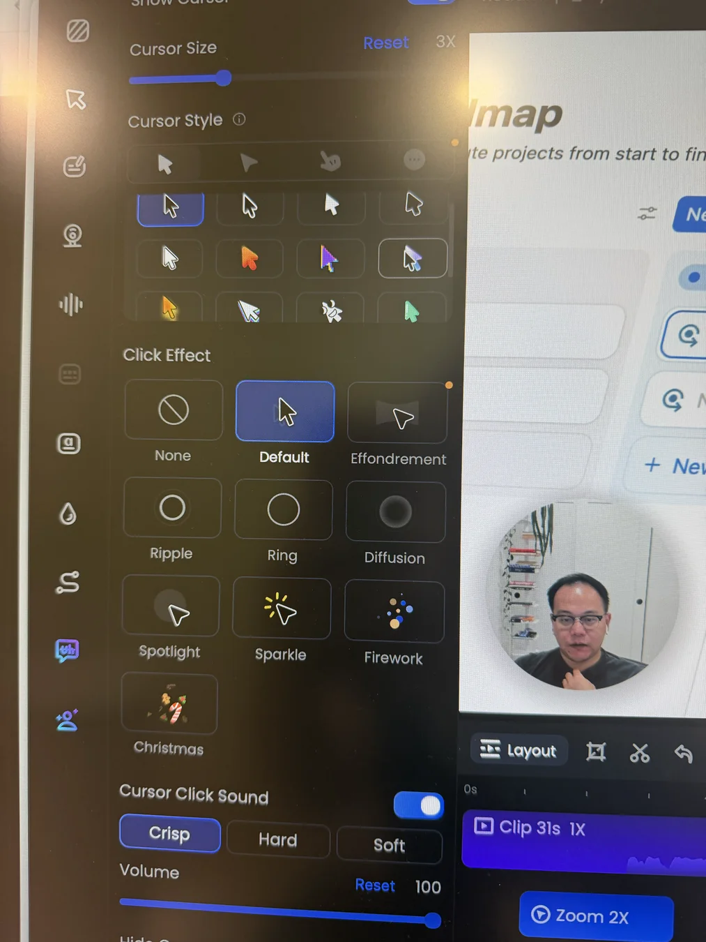 FocuSee Cursor editor showing adjustable cursor size, a large cursor style library, click effects including Ripple, Ring, Diffusion, Spotlight, Sparkle, and Firework, plus Crisp, Hard, and Soft click sounds with volume control