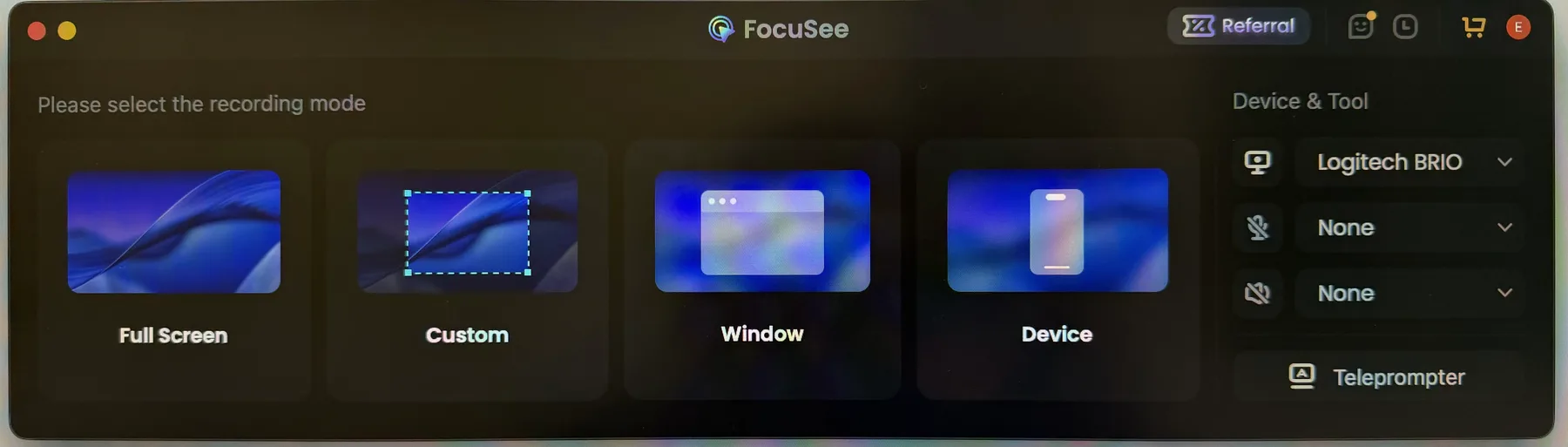 FocuSee recording-mode picker showing Full Screen, Custom, Window, and Device choices
