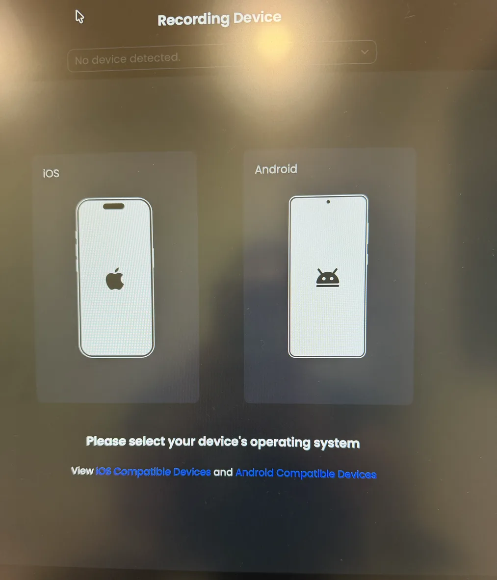 FocuSee Recording Device screen showing iOS and Android choices with no phone connected to the device selector