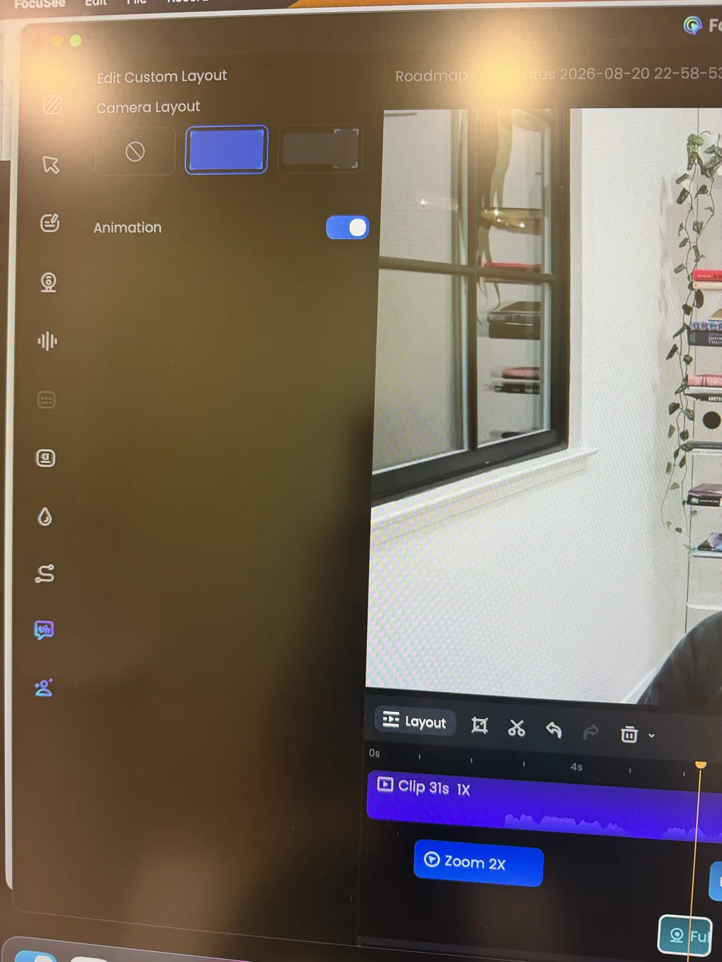 FocuSee Edit Custom Layout panel showing three camera-layout choices and an animation toggle for a timed dynamic-layout segment