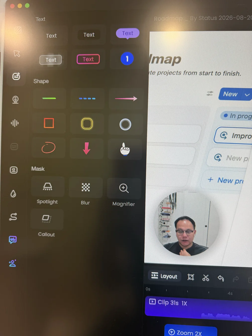 FocuSee Annotation panel showing built-in text styles, lines, arrows, rectangles, ellipses, pointer shapes, and Mask effects including Spotlight, Blur, Magnifier, and Callout