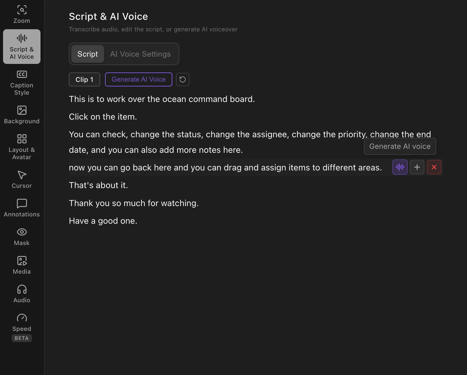 Tight Studio Script and AI Voice editor showing an editable script, Generate AI Voice controls for the clip and selected text, and add, regenerate, and delete controls for individual narration segments