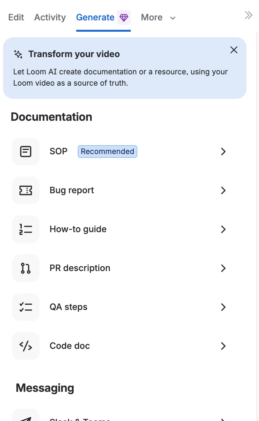 Loom Generate panel showing AI workflow options for SOP, bug report, how-to guide, PR description, QA steps, and code documentation