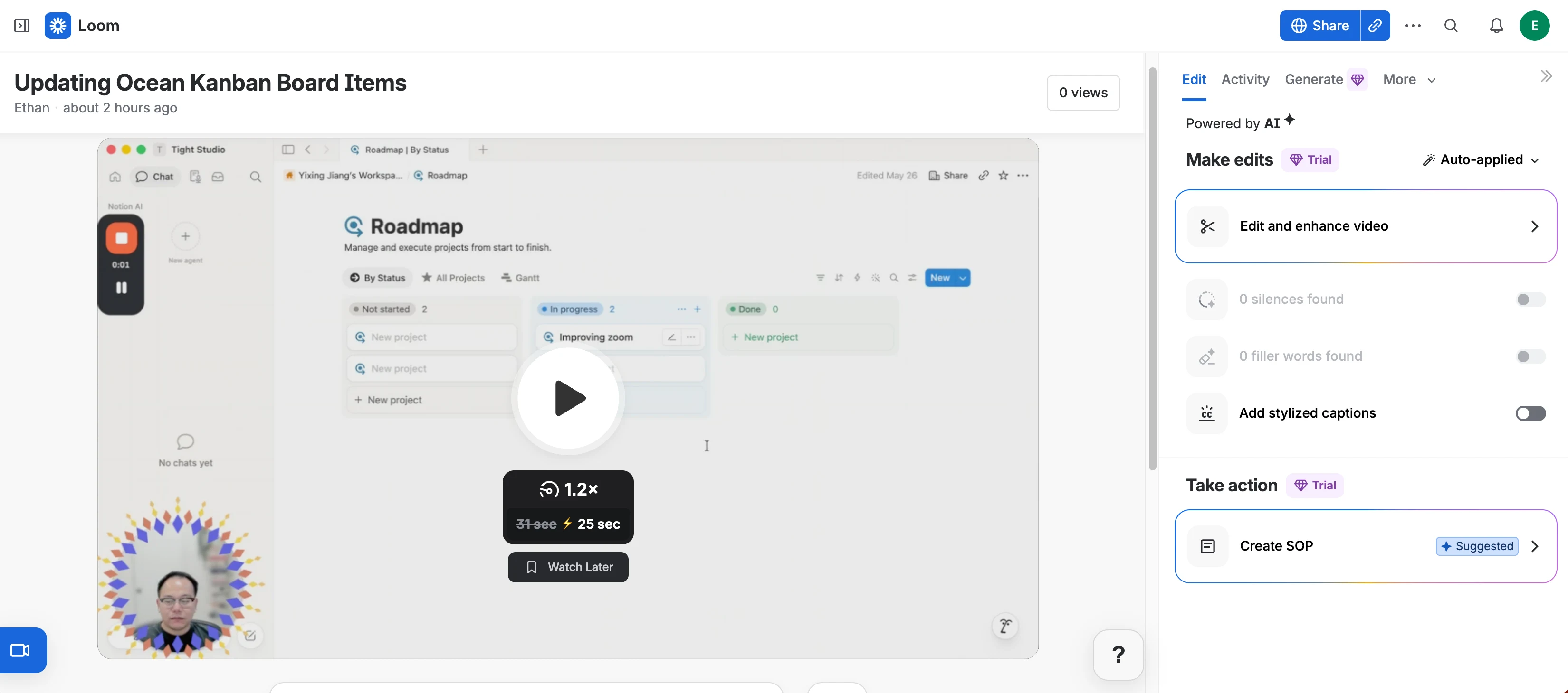 Loom share page shown immediately after recording with a playable hosted video, Share and copy-link buttons, view count, and editing sidebar