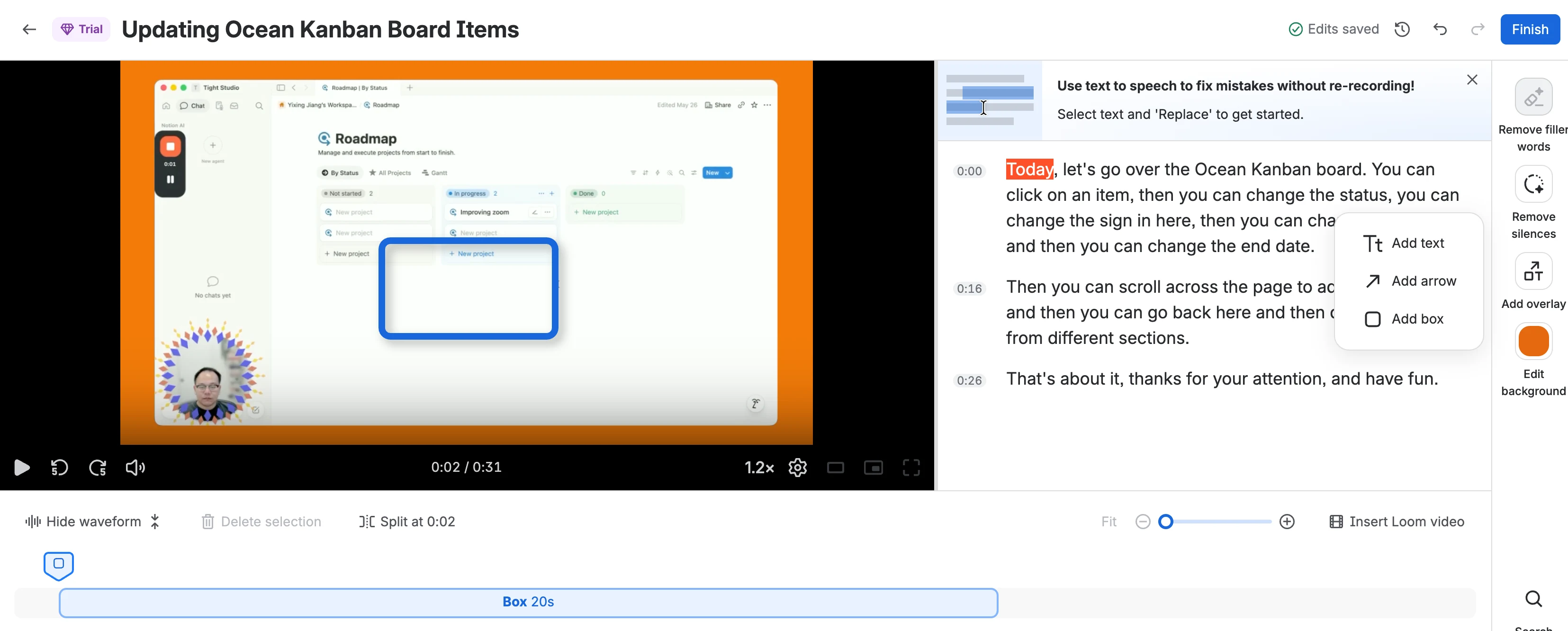 Loom video editor showing the Add overlay menu with Add text, Add arrow, and Add box options plus a timed box overlay on the video and timeline