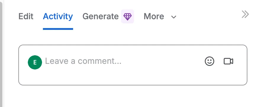 Loom Activity panel with a comment field, emoji reaction button, and video reply control for feedback on the shared video