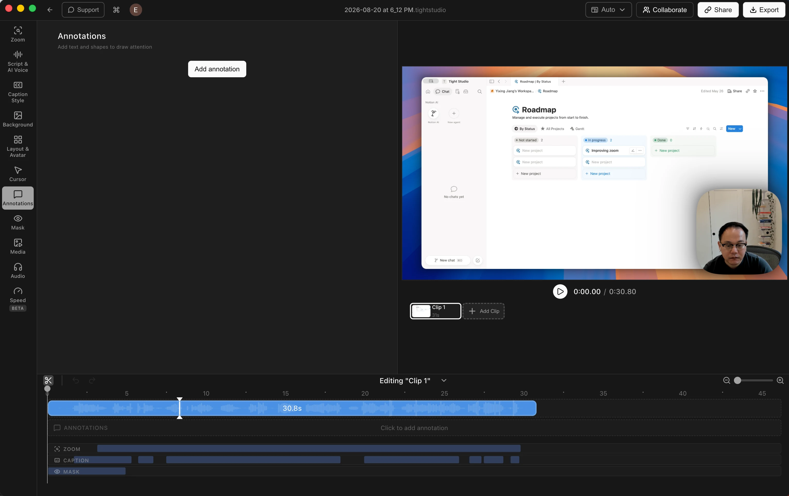 Tight Studio editor showing a selected range on the video waveform with a cut control and zoom, caption, and mask tracks below it