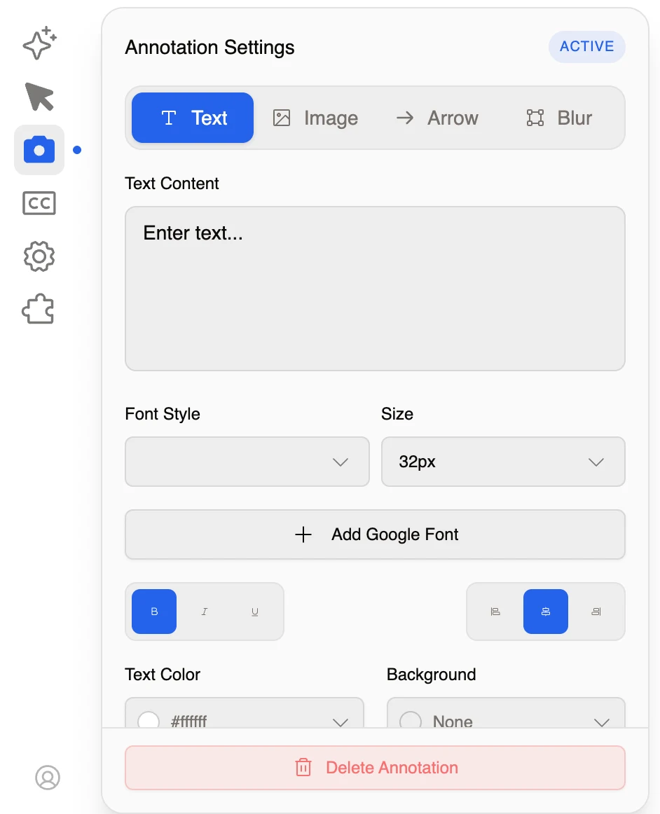 Recordly Annotation Settings panel showing Text, Image, Arrow, and Blur modes with text content, font, size, Google Font, styling, alignment, color, and background controls