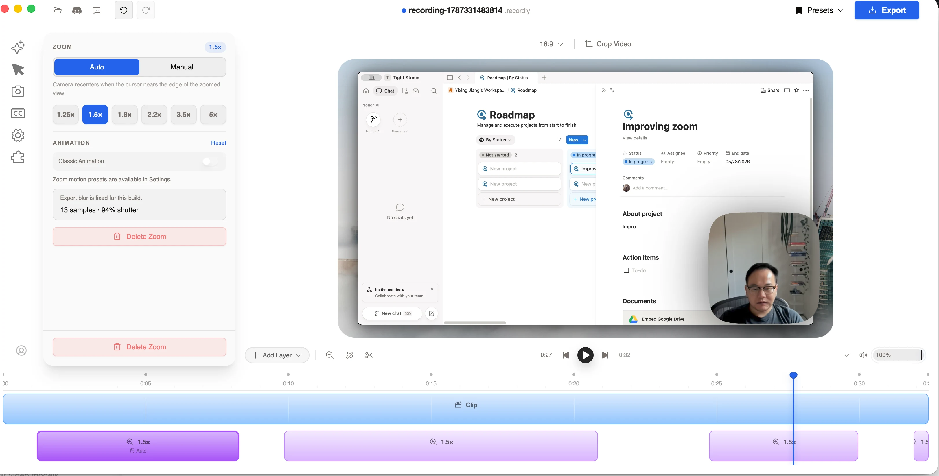 Recordly Zoom editor showing automatic and manual modes, zoom-level presets, animation controls, and multiple editable zoom segments on the timeline