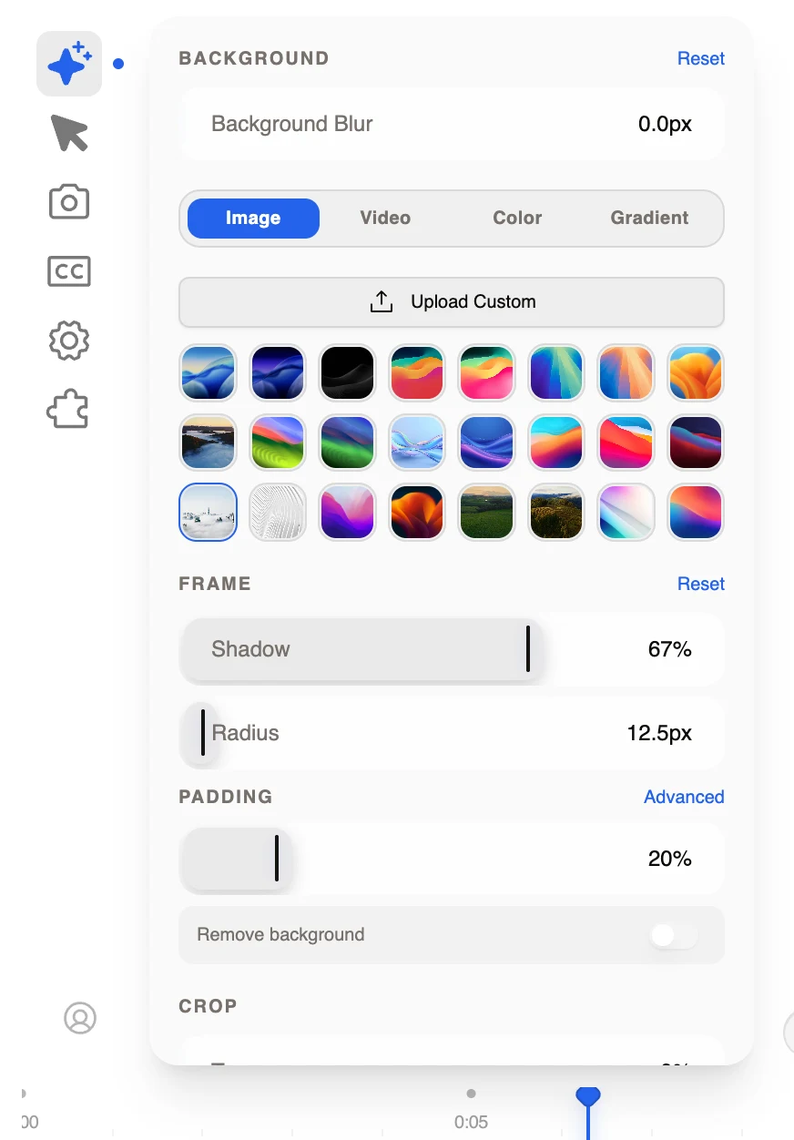 Recordly Background panel showing 24 built-in image backgrounds, custom upload, Image, Video, Color, and Gradient modes, blur, shadow, radius, padding, removal, and crop controls