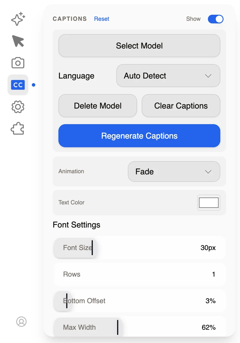 Recordly Captions panel showing local model selection, automatic language detection, regenerate and clear controls, Fade animation, text color, font size, row count, bottom offset, and maximum width settings