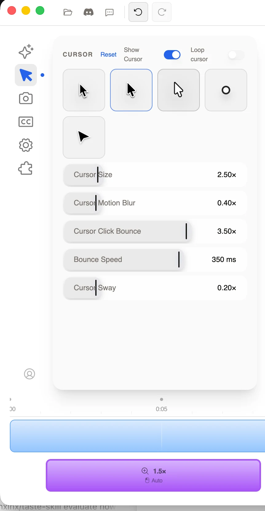 Recordly Cursor panel showing five cursor image choices plus cursor size, motion blur, click bounce, bounce speed, sway, visibility, and loop controls