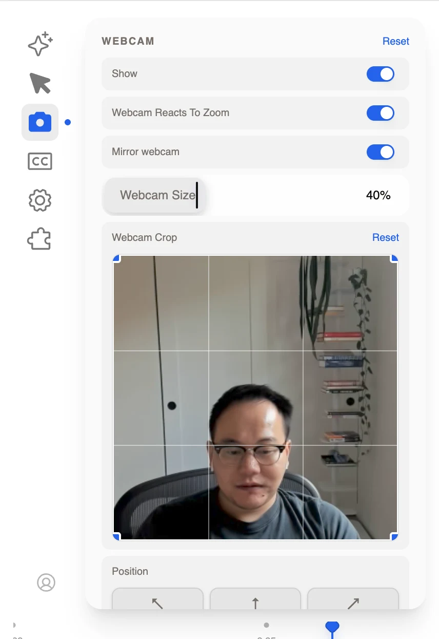 Recordly Webcam panel showing visibility, reacts-to-zoom and mirror toggles, webcam size, an interactive crop grid, and corner-position controls