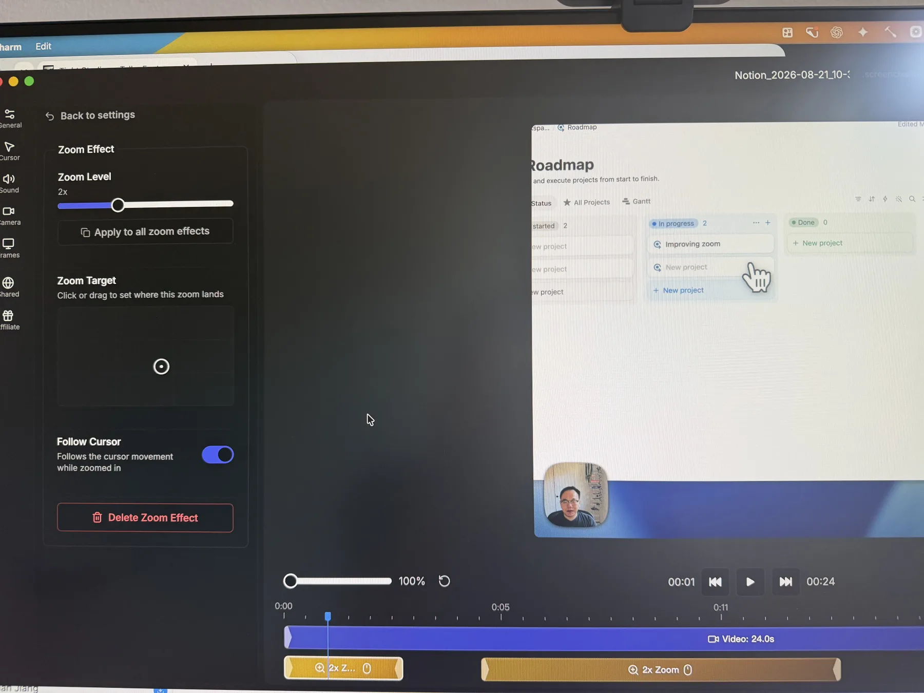 Phone photo of the Screen Charm zoom editor showing a 2x zoom level, apply-to-all control, zoom target, follow-cursor option, and zoom segments on the timeline