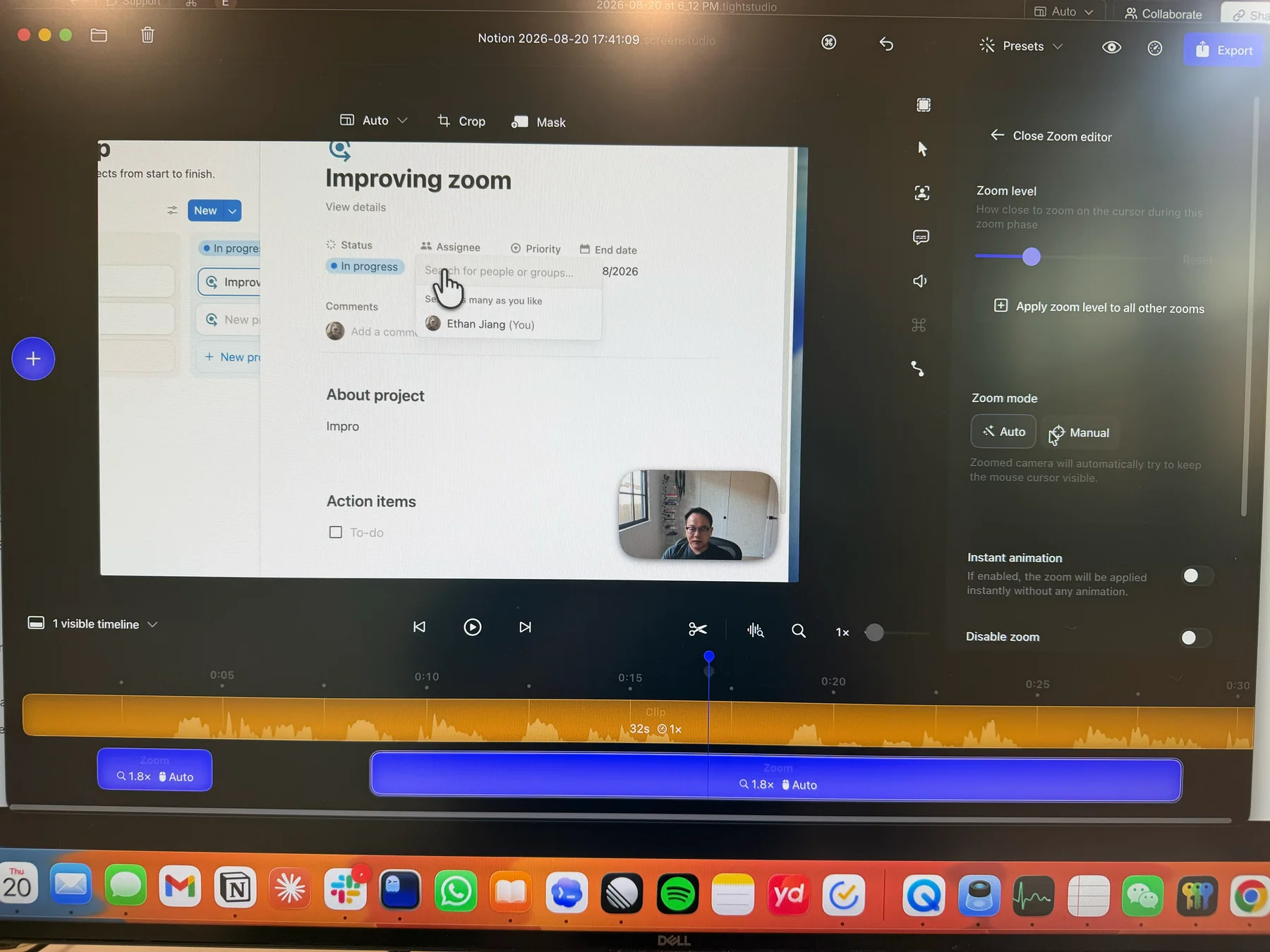 Screen Studio Zoom editor showing automatic and manual zoom modes, zoom level controls, and editable zoom segments on the timeline