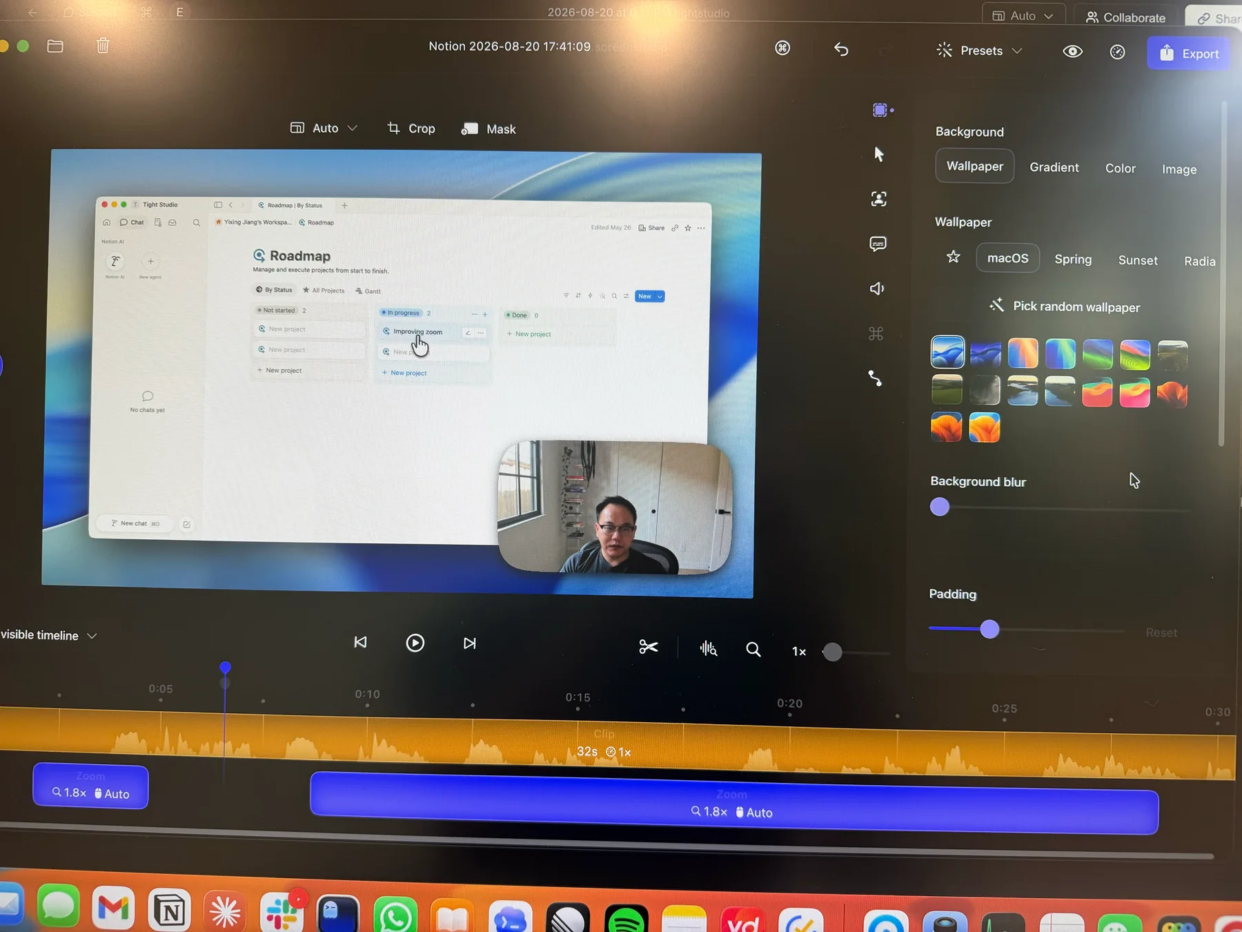 Screen Studio Background panel showing Wallpaper, Gradient, Color, and Image modes with wallpaper categories, background blur, and padding controls