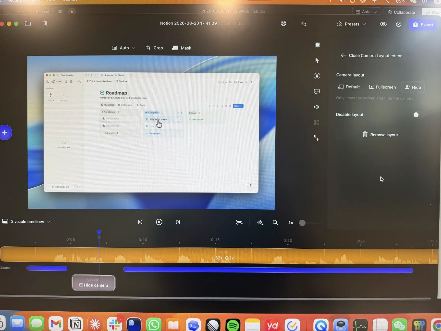 Screen Studio Camera Layout editor showing Default, Fullscreen, and Hide options with a Hide camera segment on the timeline
