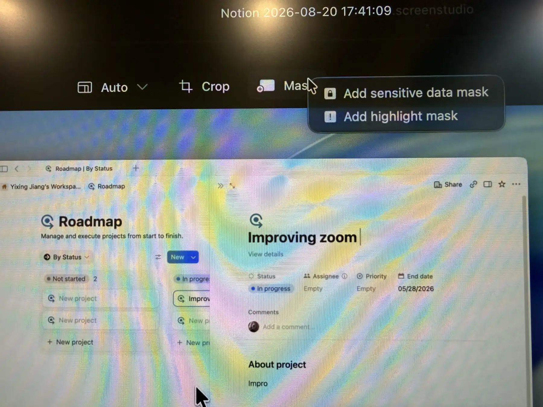 Screen Studio Mask menu showing Add sensitive data mask and Add highlight mask options over a screen recording