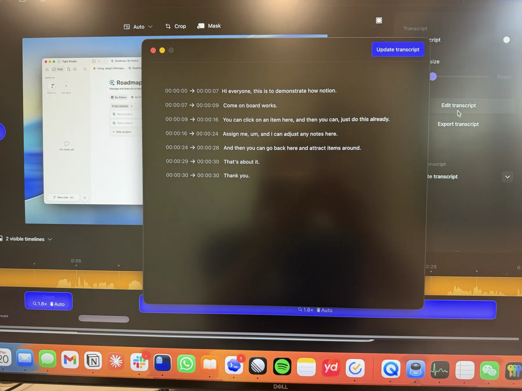 Screen Studio transcript editor modal showing timestamped transcript lines and an Update transcript button