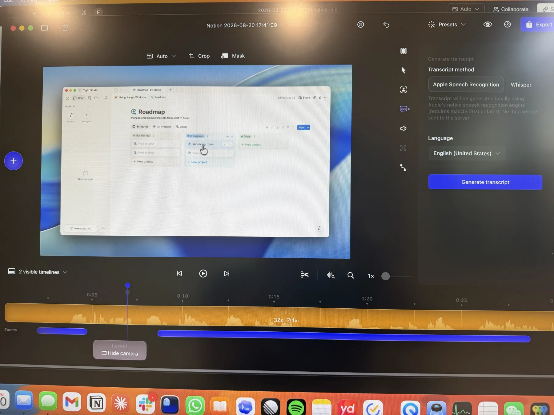 Screen Studio Generate transcript panel showing local Apple Speech Recognition and Whisper methods with a language selector