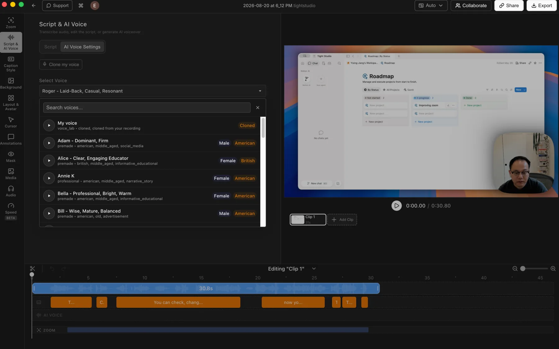 Tight Studio AI Voice Settings showing voice cloning, a searchable library of premade voices with previews, a cloned voice, and an AI Voice track on the timeline